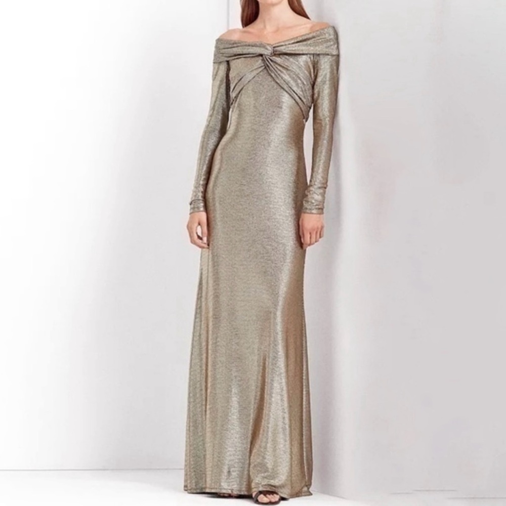 Ralph Lauren Metallic Knit Off-Shoulder Gown